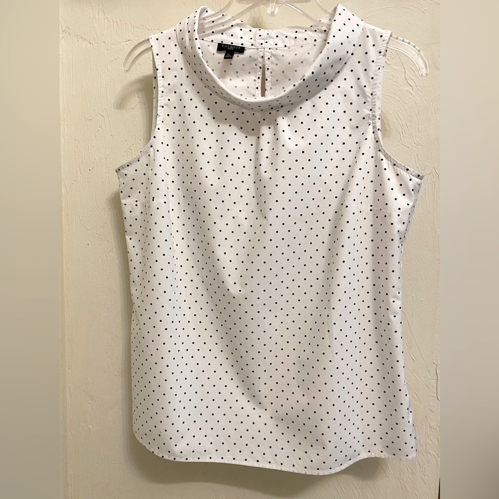 Talbots PM White & Black Dot Foldover Collar Sleeveless Blouse